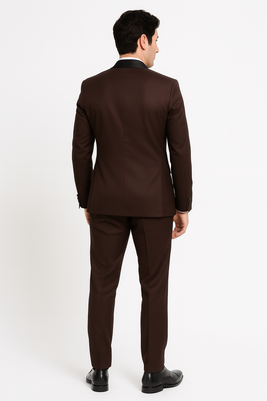 Mens Chocolate Brown Tuxedo with Black Satin Peak Lapel  Formal Wedding and Prom Suit