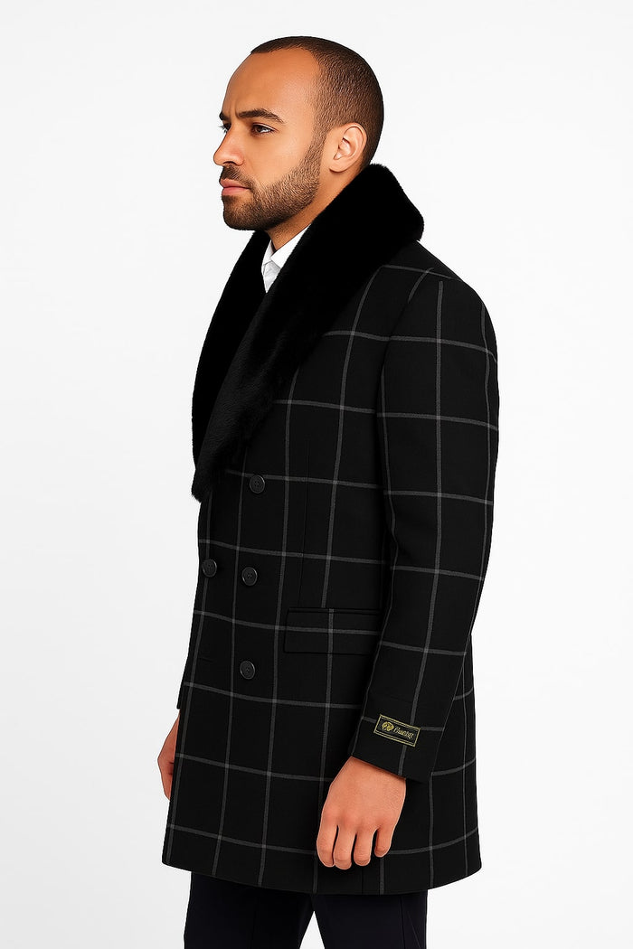 Mens Black Windowpane Wool Overcoat with Faux Fur Shawl Collar  Double-Breasted Long Coat