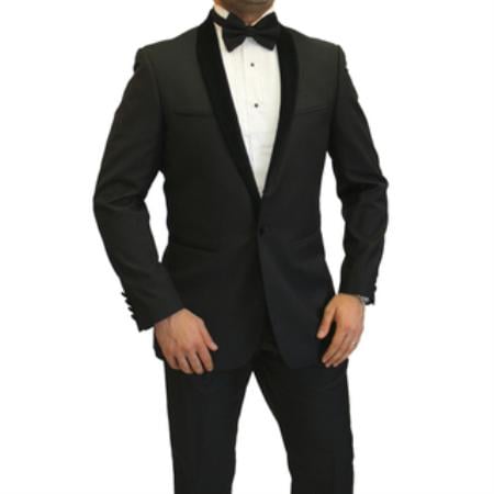 Men'S Two Toned Full Lapel Shawl Black Tuxedo Wool Fabric Suit