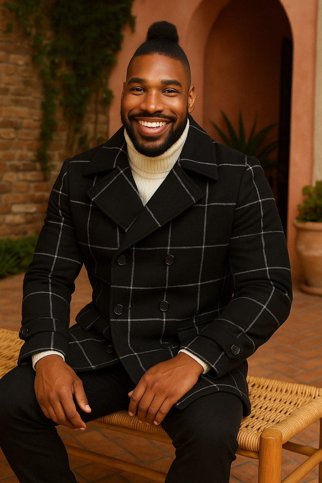 Mens Black Windowpane Check Wool Overcoat  Double-Breasted Winter Peacoat