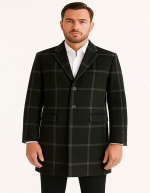 Mens Black Windowpane Wool Overcoat  Big Plaid Pattern Classic Checkered CarCoat