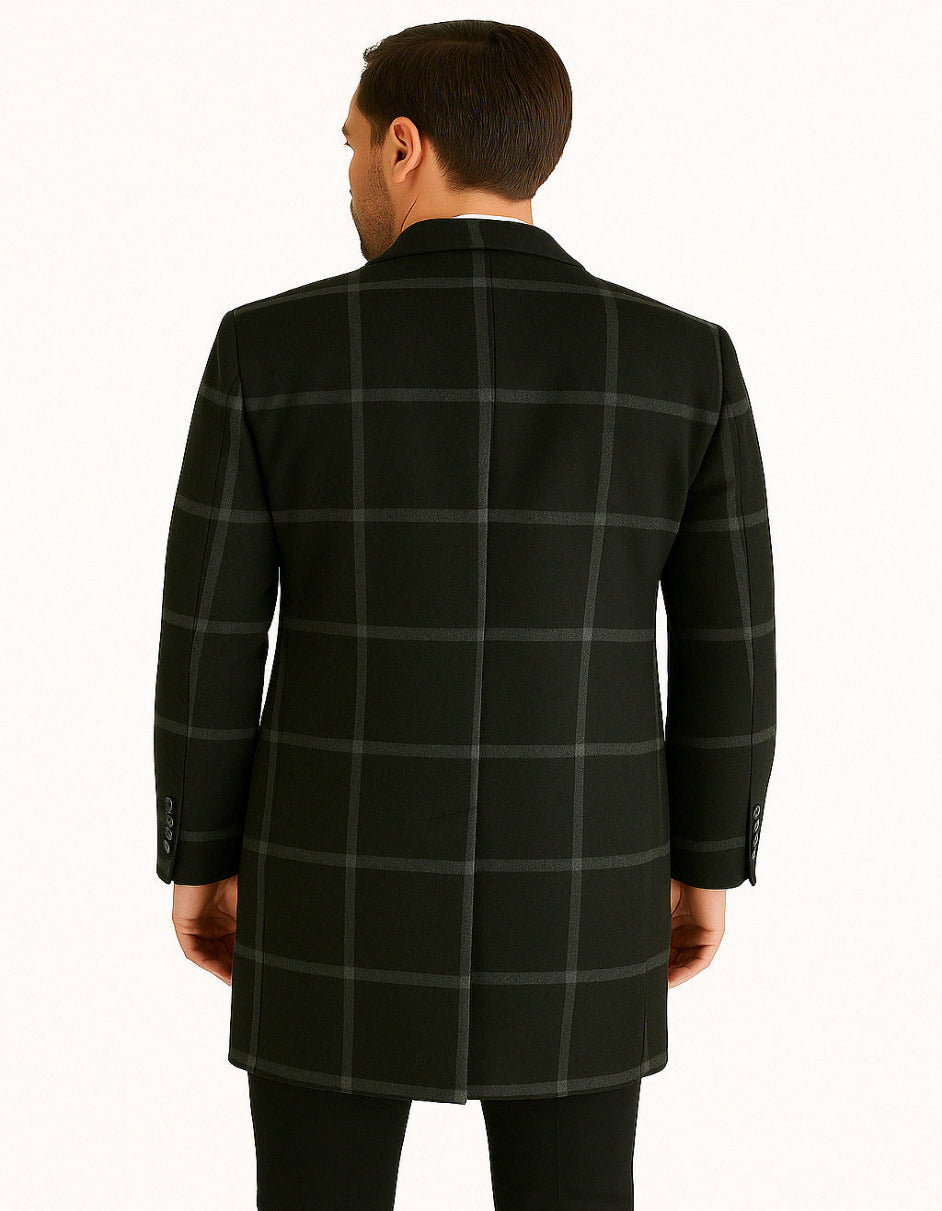 Mens Black Windowpane Wool Overcoat  Big Plaid Pattern Classic Checkered CarCoat