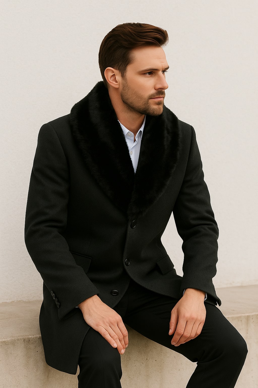 Coat Mens Black Wool Overcoat with Black Faux Fur Collar Luxury Winter Dress Coat Coat Mens Black Wool Overcoat with Black Faux Fur Collar Luxury Winter Dress Coat