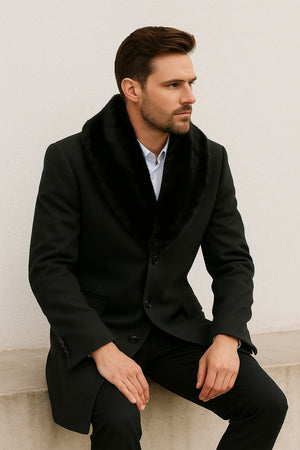 Mens Black Wool Overcoat with Black Faux Fur Collar  Luxury Winter Dress Coat