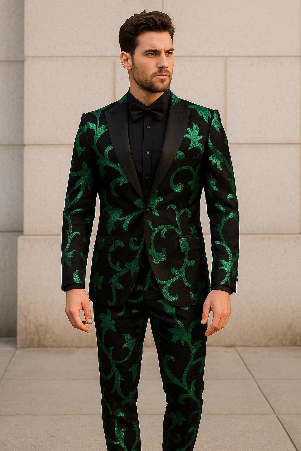 Mens Black and Emerald Green Velvet Floral Tuxedo Suit  Slim Fit 2 Piece Formalwear for Weddings and Events Slim Fitted