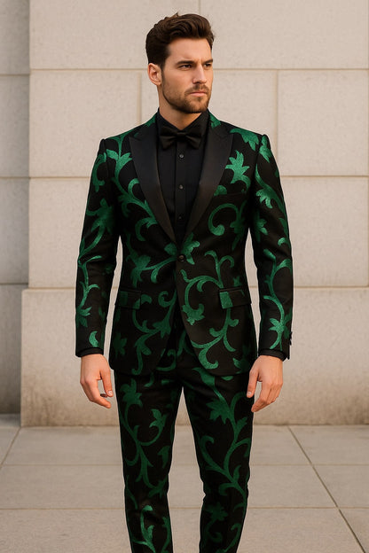 Mens Black and Emerald Green Velvet Floral Tuxedo Suit  Slim Fit 2 Piece Formalwear for Weddings and Events Slim Fitted