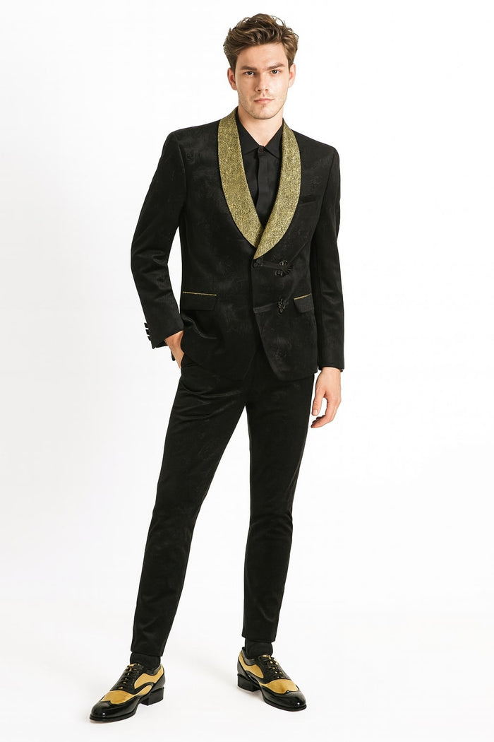 Mens Black and Gold Jacquard Tuxedo Blazer  Luxury Shawl Collar Wedding and Party Smoking Jacket