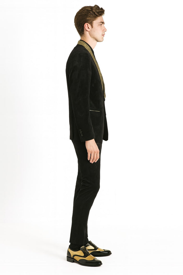 Mens Black and Gold Jacquard Tuxedo Blazer  Luxury Shawl Collar Wedding and Party Smoking Jacket