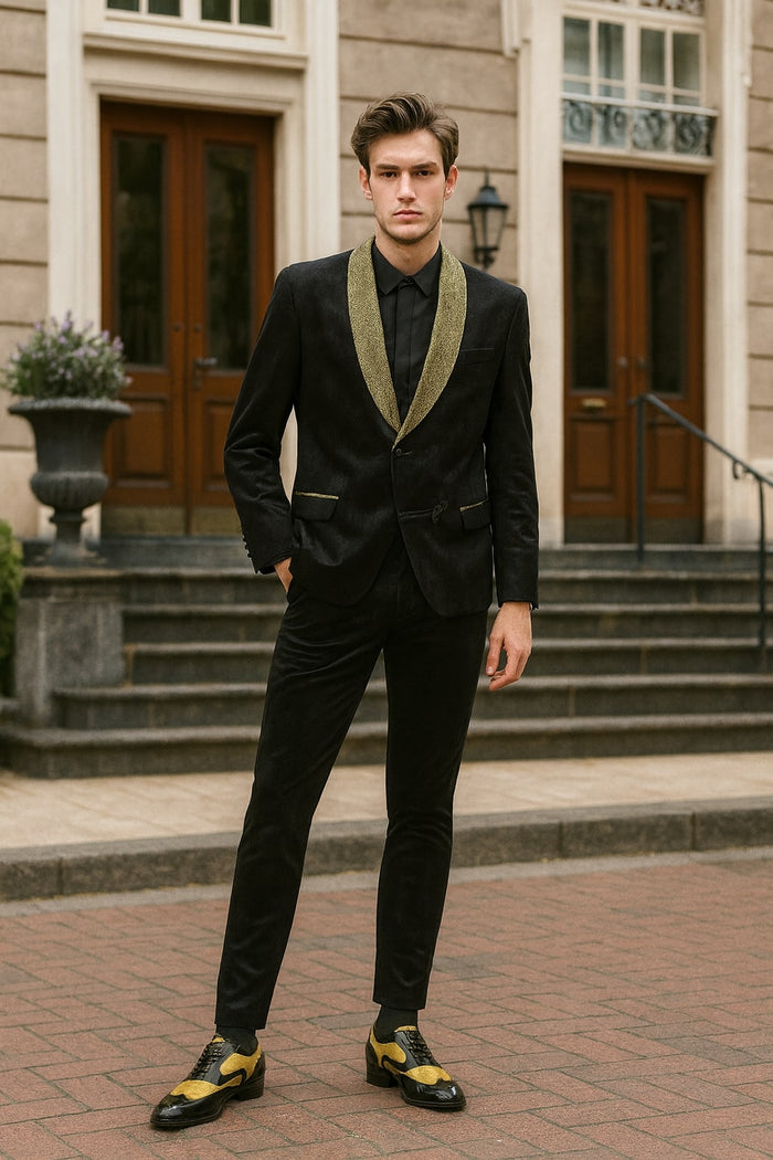 Mens Black and Gold Jacquard Tuxedo Blazer  Luxury Shawl Collar Wedding and Party Smoking Jacket