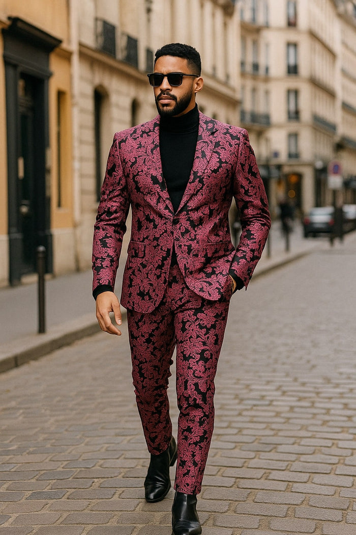 Mens Black and Pink Floral Tuxedo Suit  Magento Fucia Plumish Color Slim Fit 2 Piece Embroidered Outfit for Weddings, Prom and Formal Events