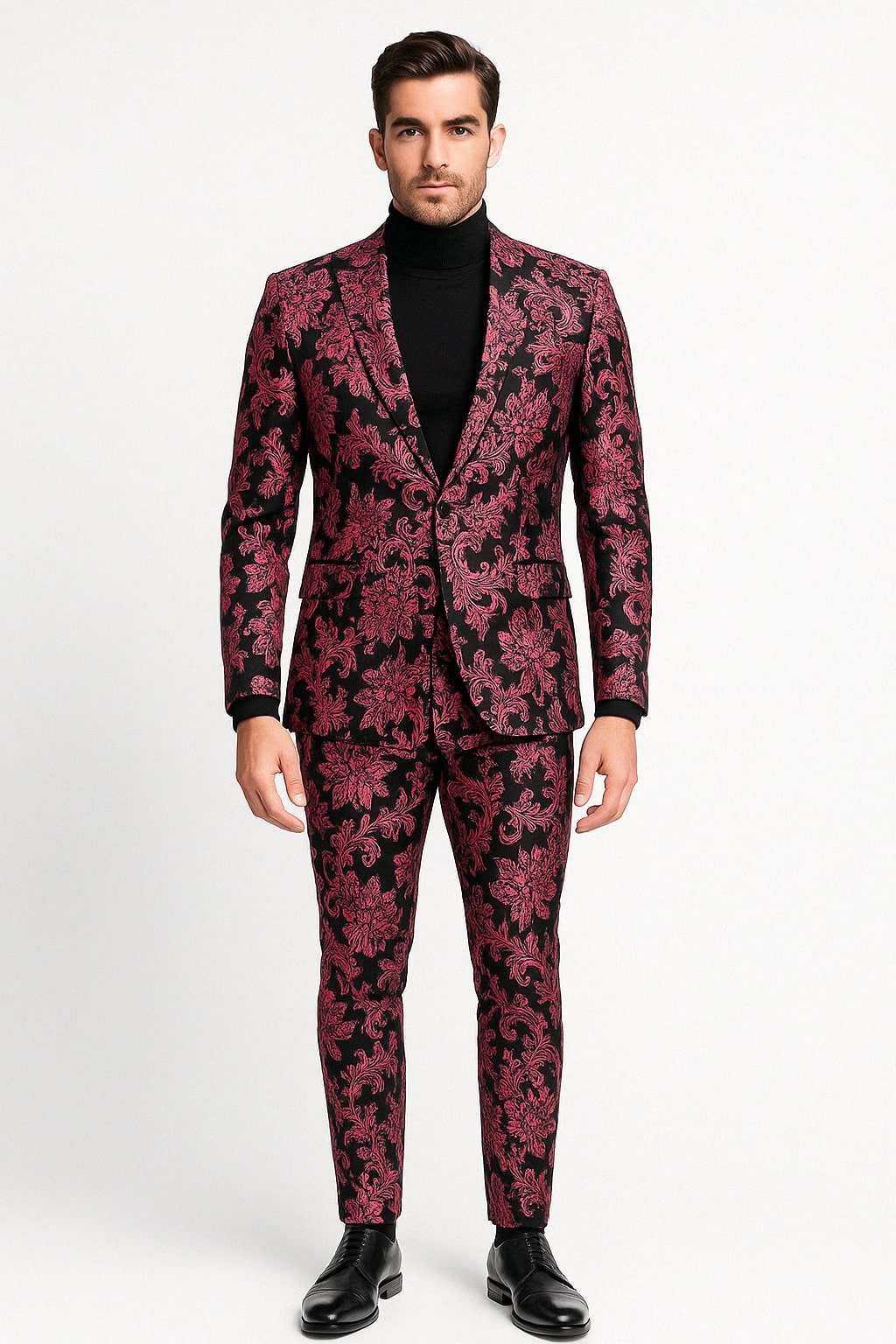 Mens Black and Pink Floral Tuxedo Suit  Magento Fucia Plumish Color Slim Fit 2 Piece Embroidered Outfit for Weddings, Prom and Formal Events