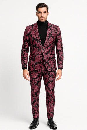 Mens Black and Pink Floral Tuxedo Suit  Magento Fucia Plumish Color Slim Fit 2 Piece Embroidered Outfit for Weddings, Prom and Formal Events