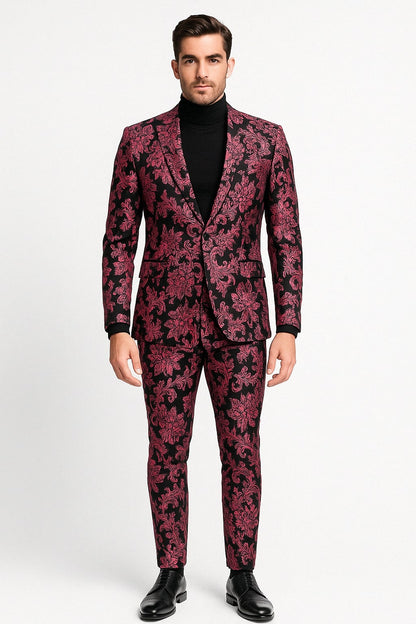 Mens Black and Pink Floral Tuxedo Suit  Magento Fucia Plumish Color Slim Fit 2 Piece Embroidered Outfit for Weddings, Prom and Formal Events