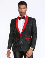 Black and Red Tuxedo Jacket Floral Pattern Slim Fit - Wedding - Prom