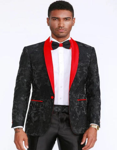 Black and Red Tuxedo Jacket Floral Pattern Slim Fit - Wedding - Prom