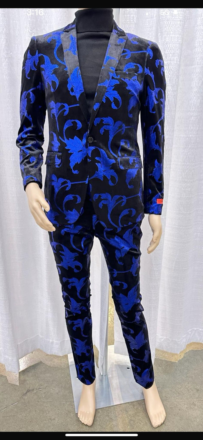 Mens Black and Royal Blue Floral Tuxedo Suit  Slim Fit 2 Piece Velvet Embroidered Outfit for Weddings, Prom, and Formal Events