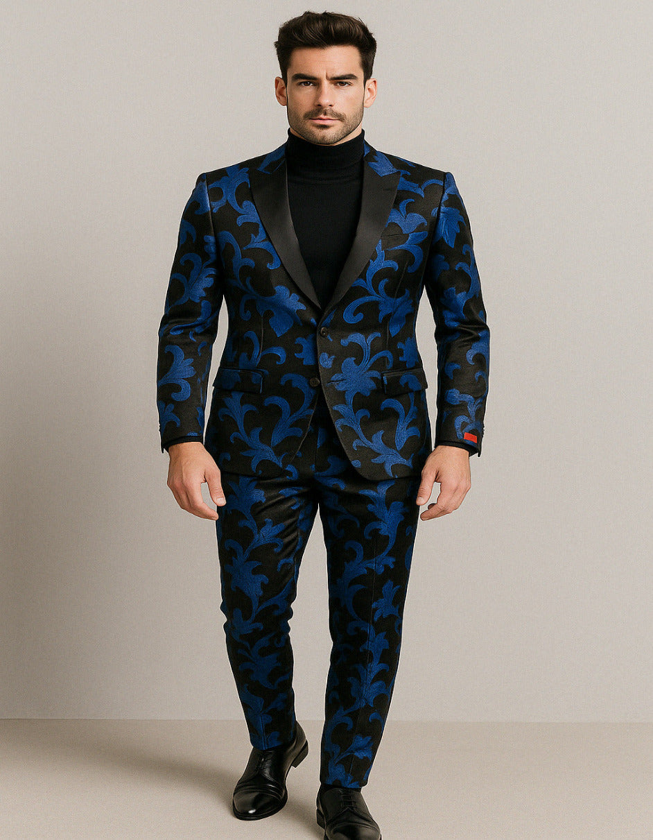 Mens Black and Royal Blue Floral Tuxedo Suit  Slim Fit 2 Piece Velvet Embroidered Outfit for Weddings, Prom, and Formal Events