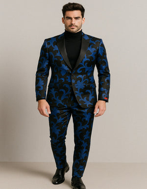 Mens Black and Royal Blue Floral Tuxedo Suit  Slim Fit 2 Piece Velvet Embroidered Outfit for Weddings, Prom, and Formal Events