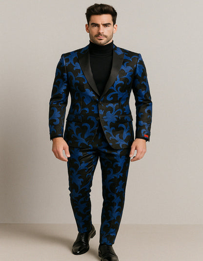 Mens Black and Royal Blue Floral Tuxedo Suit  Slim Fit 2 Piece Velvet Embroidered Outfit for Weddings, Prom, and Formal Events