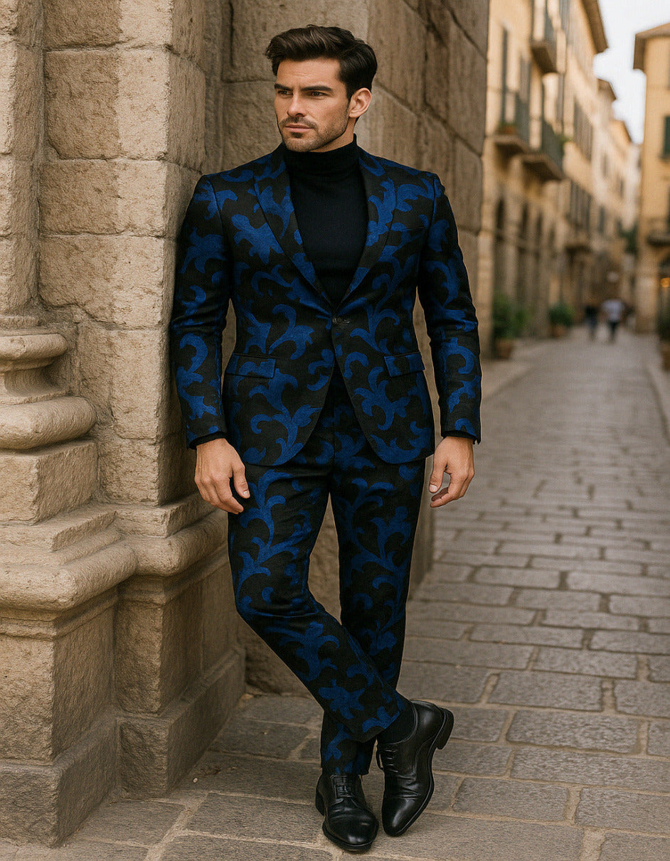 Mens Black and Royal Blue Floral Tuxedo Suit  Slim Fit 2 Piece Velvet Embroidered Outfit for Weddings, Prom, and Formal Events