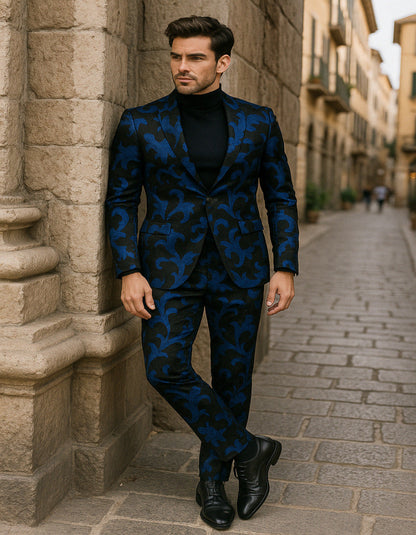 Mens Black and Royal Blue Floral Tuxedo Suit  Slim Fit 2 Piece Velvet Embroidered Outfit for Weddings, Prom, and Formal Events