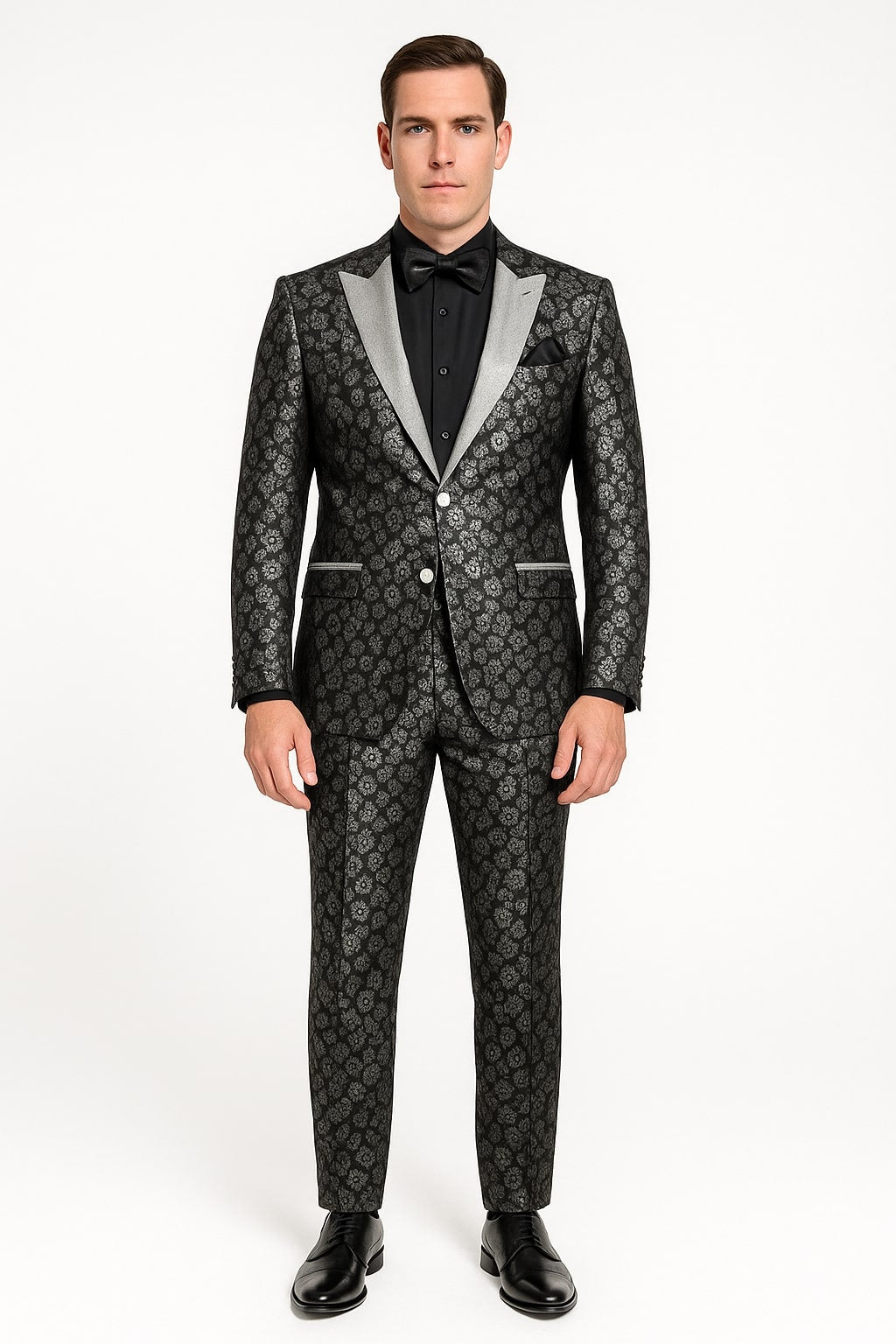 Black and Silver Floral Tuxedo Suit for Men  Luxury Two-Piece Formal Suit with Satin Lapel and Bow Tie