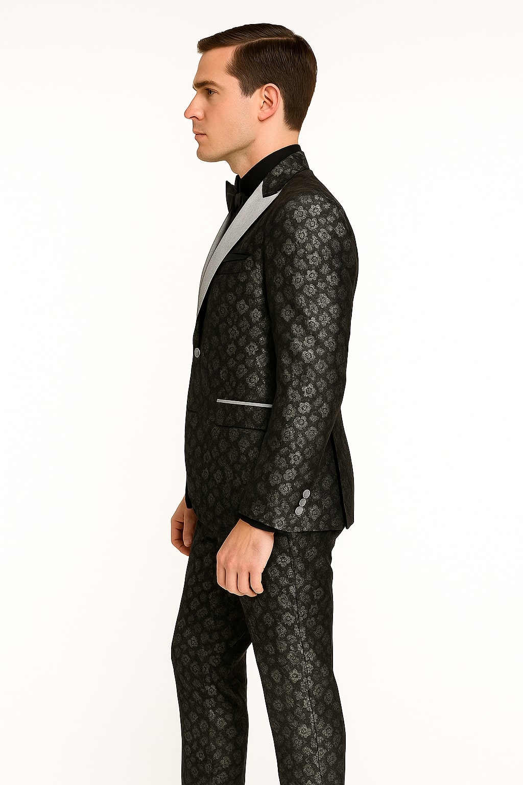 Black and Silver Floral Tuxedo Suit for Men  Luxury Two-Piece Formal Suit with Satin Lapel and Bow Tie