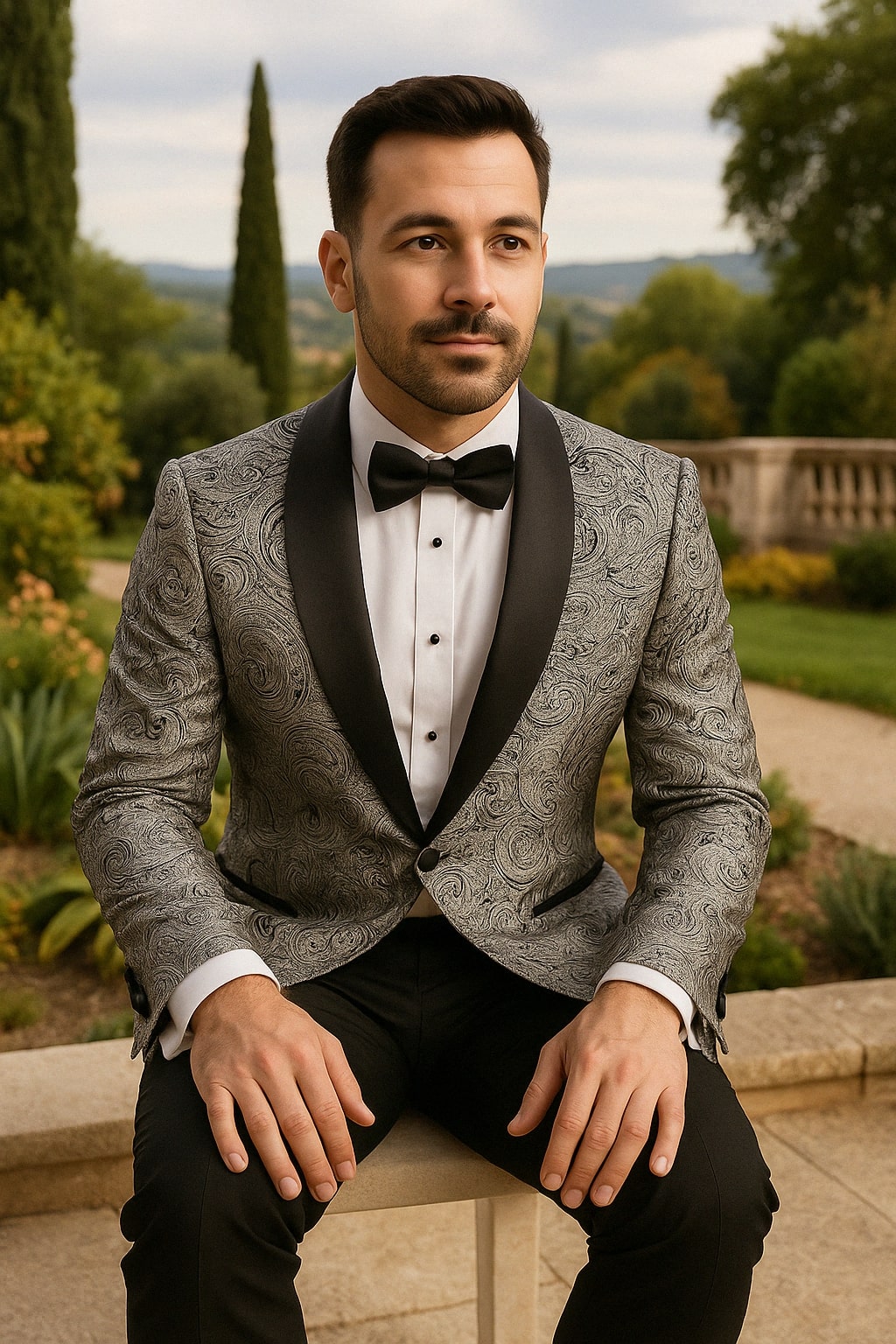 Mens Black and Silver Paisley Tuxedo with Satin Lapel and Bow Tie – Formal Party Suit