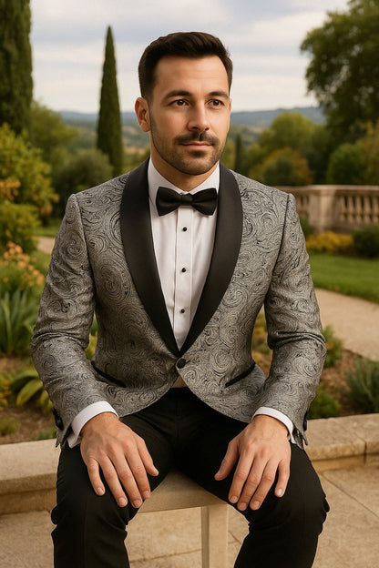 Mens Black and Silver Paisley Tuxedo with Satin Lapel and Bow Tie  Formal Party Suit