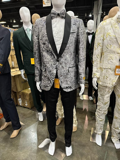 Mens Black and Silver Paisley Tuxedo with Satin Lapel and Bow Tie  Formal Party Suit