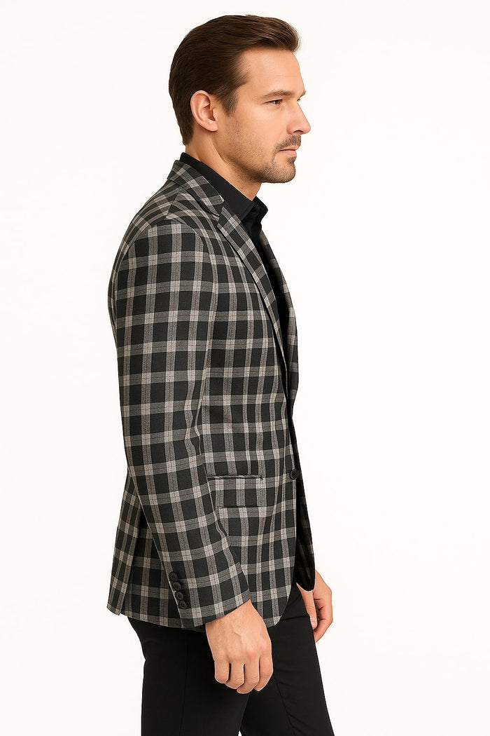 Mens Black and White Plaid Blazer  Modern Fit Checkered Windowpane Pattern Business Sport Coat