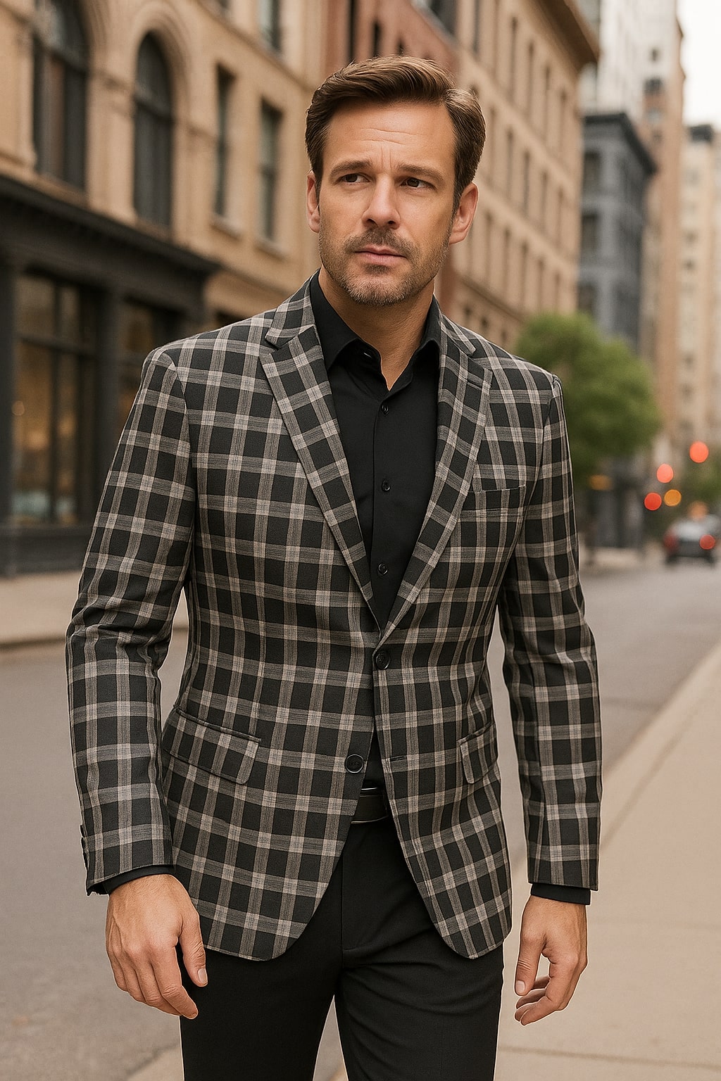 Mens Black and White Plaid Blazer  Modern Fit Checkered Windowpane Pattern Business Sport Coat