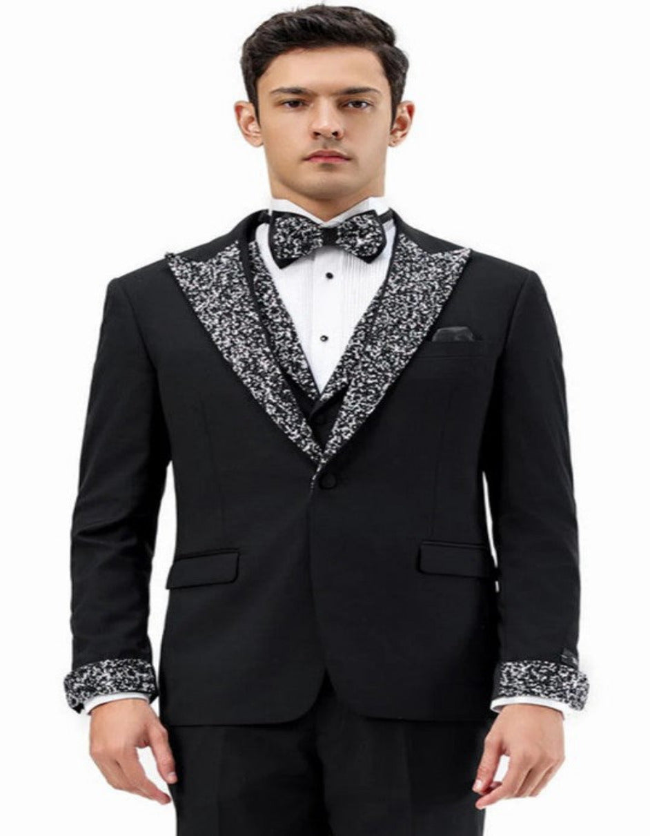 Black and White Prom Tuxedo - Perfect Wedding Suit Vested rhinestone sequin Lapelled