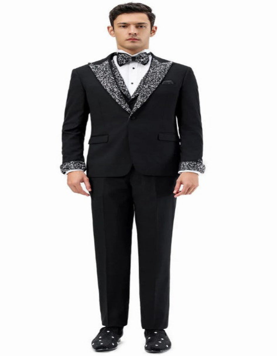 Black and White Prom Tuxedo - Perfect Wedding Suit Vested rhinestone Lapelled