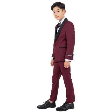 New Stacy Adams Boys Burgundy Tuxedo Set, 5-Piece Black Shawl Collar - Men's Tuxedo USA