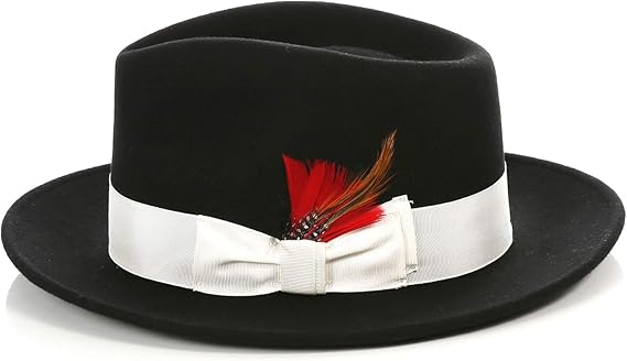 Gangster 100% Australian Wool Crushable Mens Fedora Hat - Removable Feather Gangster  Black/White Mens Fedora Hat