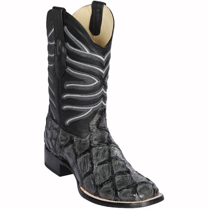 Los Altos Boots - Mens Dress Cowboy Boot - Low Priced Pirarucu Fish Grey Glossy Square Toe Boots - Grey Glossy