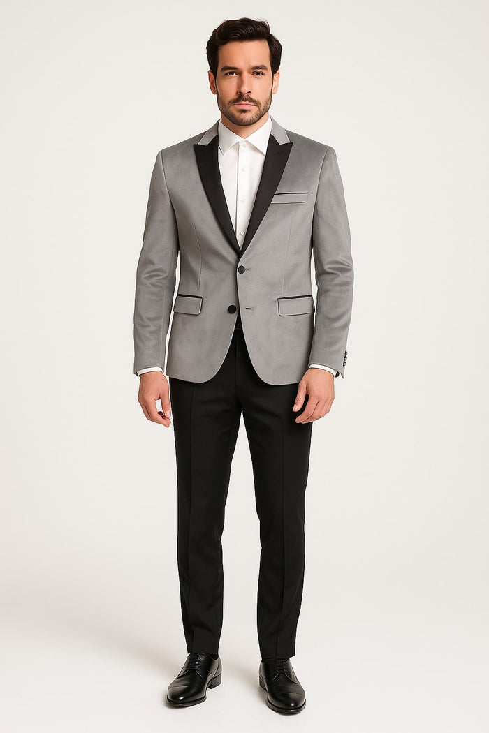 Men's Grey Velvet Tuxedo Jacket with Black Satin Lapel Suit  Mens Blazer  Black Pants