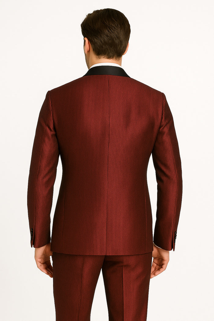 Men's Burgundy Shiny Tuxedo with Black Satin Shawl Lapel  Ultra Slim Fit Party & Prom Suit
