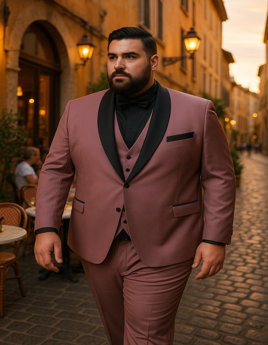 Men's Mauve Pink Tuxedo Suit  3-Piece Slim Fit with Black Satin Shawl Lapel