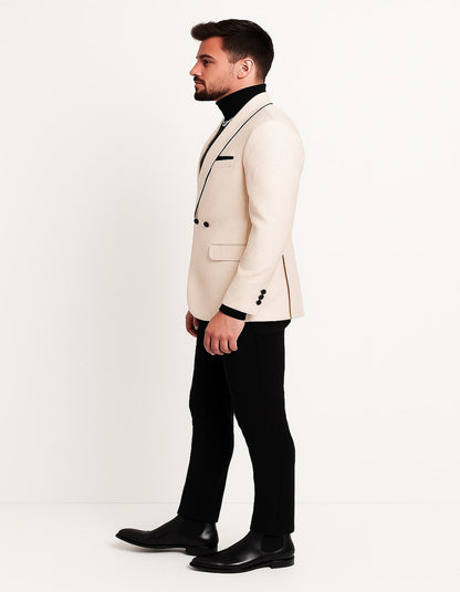 Mens Cream Jacquard Double-Breasted Tuxedo with Black Trim  Formal Blazer for Weddings & Events Ivory Color