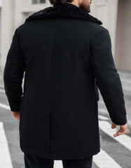 Mens Peacoat With Fur Collar - Black Wool Double Breasted Coat - Men's Tuxedo USA