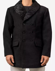 Mens Peacoat With Fur Collar - Black Wool Button Coat - Men's Tuxedo USA