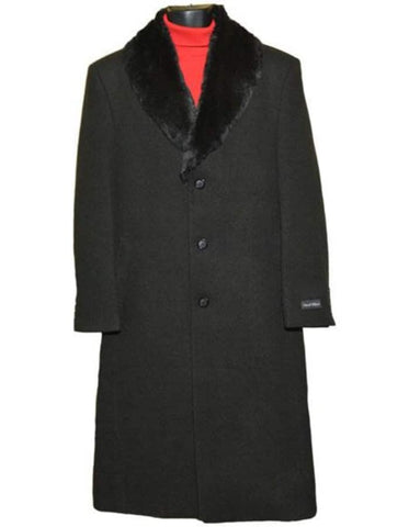 Mens Overcoat - Topcoat For Men - Winter Fabric - Men's Fur Collar Black 3 Button Wool Ankle length Overcoat - Men's Tuxedo USA