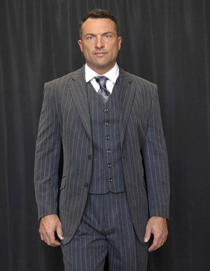 Mens Modern Fit Venetian Gatsby Suit  Charcoal Pinstripe with Vest - Banker Stripe