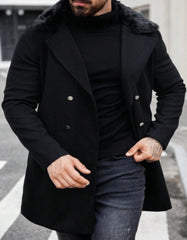 Mens Peacoat With Fur Collar - Black Wool Double Breasted Coat - Men's Tuxedo USA