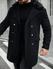 Mens Peacoat With Fur Collar - Black Wool Double Breasted Coat - Men's Tuxedo USA