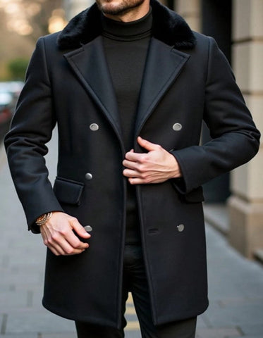 Mens Peacoat With Fur Collar - Black Wool Double Breasted Coat - Men's Tuxedo USA