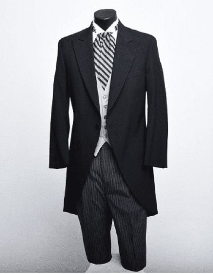 Black Peak Lapel Cutaway Tuxedo  Long Suit Designed for Weddings and Musicians