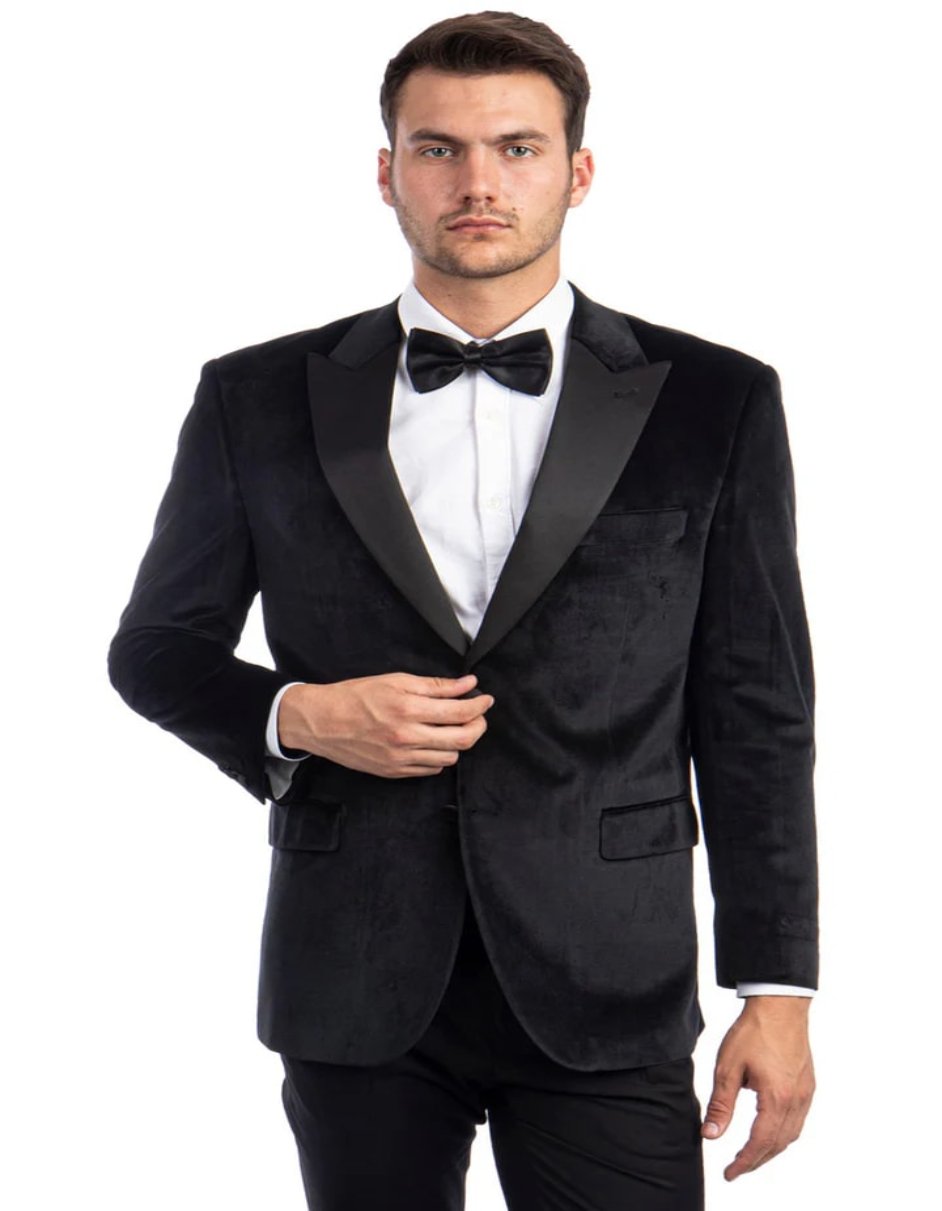 Men's Two Button Peak Lapel Velvet Wedding Black Prom Tuxedo Jacket - Men's Tuxedo USA